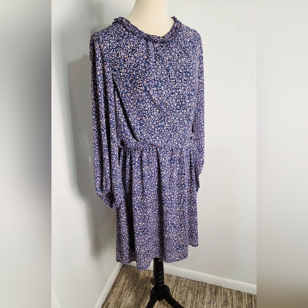 Banana Republic Blue & Pink Floral Ruffle-Neck Dress, Ties on the Side, Size 14 - Picture 3 of 15